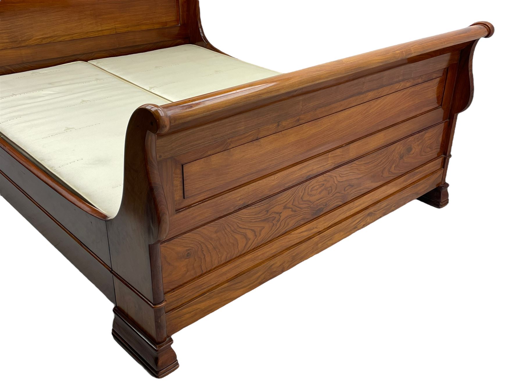 Simon Horn - 'Chatsworth' hardwood 5' 3'' Queen-size sleigh bed or lit bateau, panelled head and footboard with scrolled frames, on moulded block feet, with upholstered base