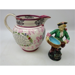  19th century Minton Majolica salt in the form of a young boy seated on tree stump with oval basket H20cm and 19th century Scott & Sons Sunderland pink lustre jug printed with a view of the Iron Bridge over the River Wear (2)  