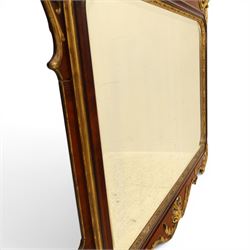 Large George III mahogany wall mirror, parcel gilt shaped frame with scrolling acanthus, shell and foliate decoration, surmounted by carved gilt ho-ho bird, rectangular mirror plate within moulded border, shaped apron with gilt scroll terminals, removed from a Scottish country estate