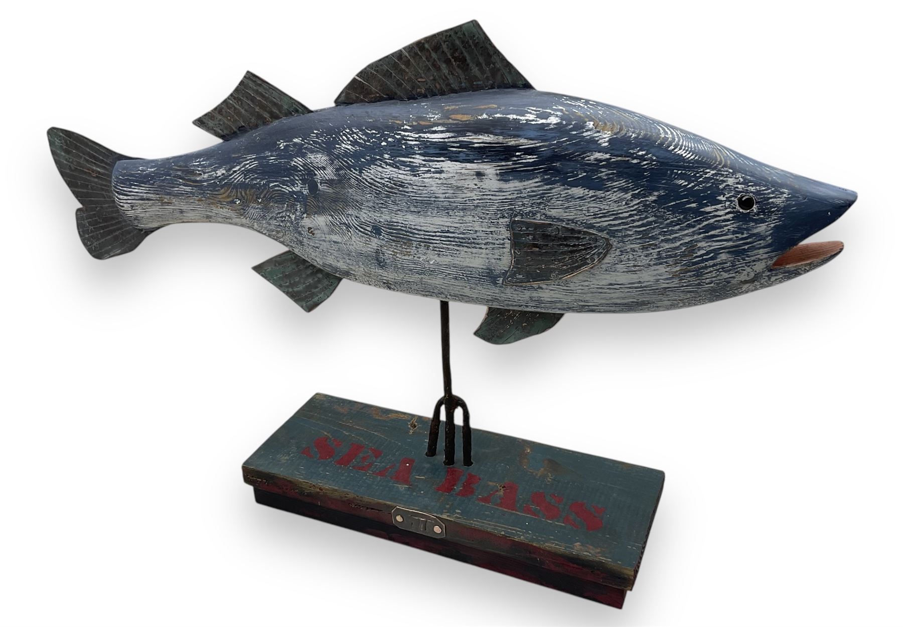 John Thornton (Northern British 1944-): 'Seabass', carved and painted driftwood sculpture, signed and titled to base, H35cm W56cm D10.5cm