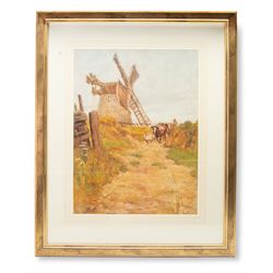 James William Booth (Staithes Group 1867-1953): Driving Cattle past Ugthorpe Mill, watercolour signed and dated 1909, 59cm x 45cm