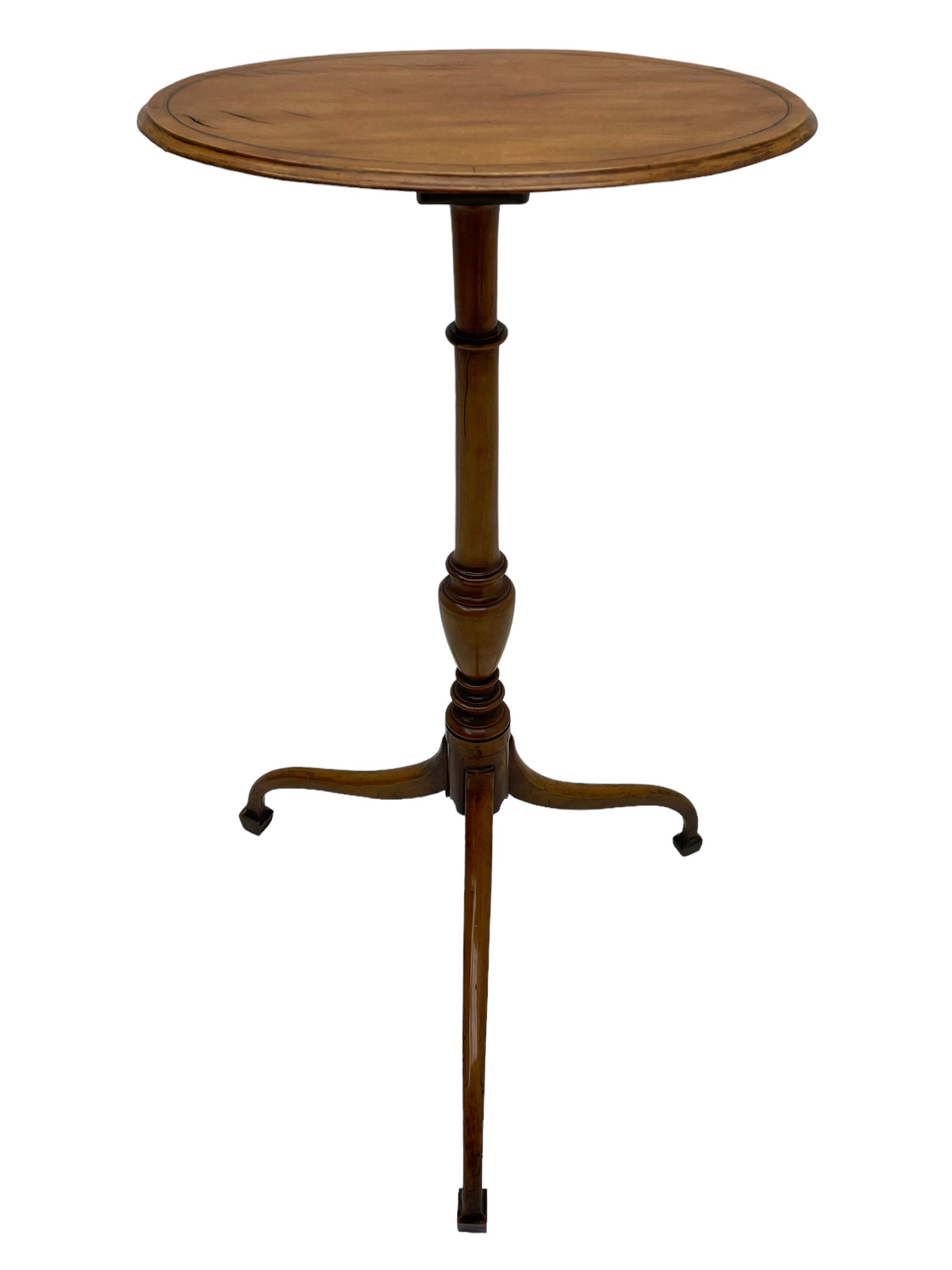 19th century satinwood tripod wine table, moulded oval top inlaid with boxwood and ebony stringing, fine turned vasiform column, three splayed supports with spade feet