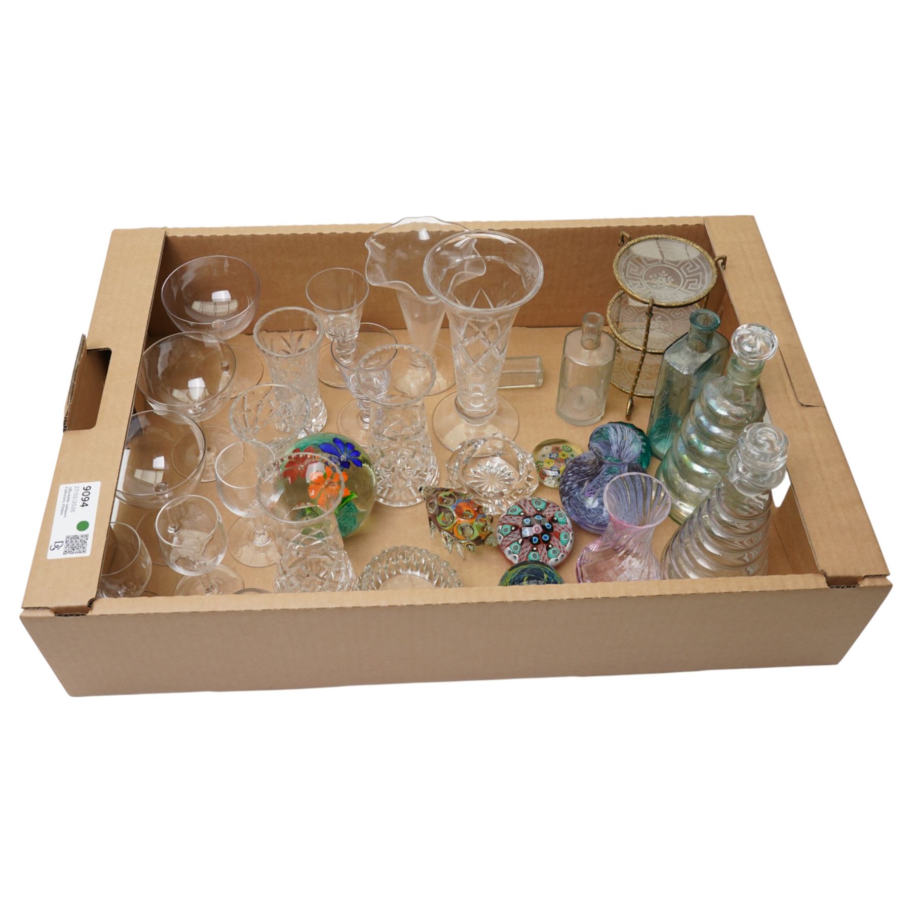 Pair of small glass decanters of annulated design, small glass and gilt metal three tier stand, various paperweights , Stuart crystal vase and other glass