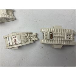 Twelve crested china models of WW1 tanks by Grafton, Arcadian and Carlton china etc with crests from Caistor Lincs, Saffron Walden, Paignton, Evesham etc  , together with a crested china model of the R.M.S Lusitania with New Brighton crest and a two-handled vase for 'The Forts Boxhill' (14)