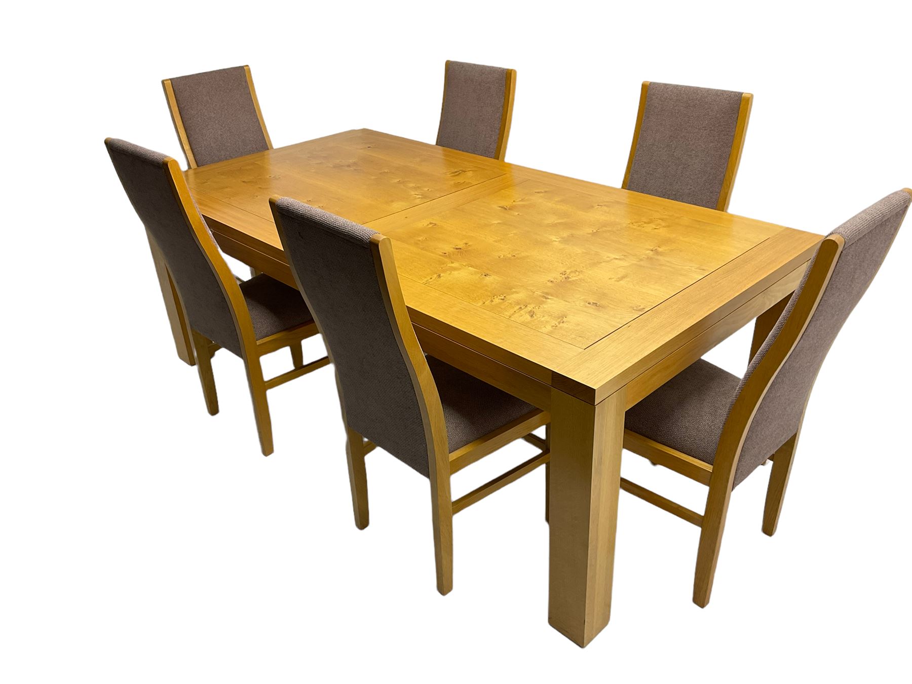 Large pippy oak rectangular dining table, square block leg, and six high back upholstered chairs, retailed by Chapmans of Newcastle