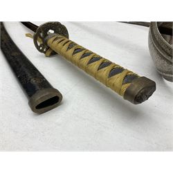 Reproduction Japanese katana with 63cm slightly curving fullered steel blade, ornate tsuba, cord bound grip and gilt transferred black saya L92cm; and two fencing foils, one marked Leon Paul (3)