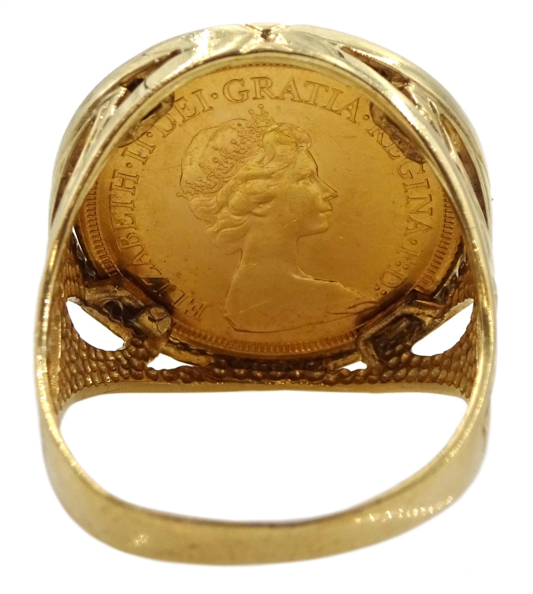 Queen Elizabeth II 1974 gold full sovereign, loose mounted in 9ct gold ring, hallmarked