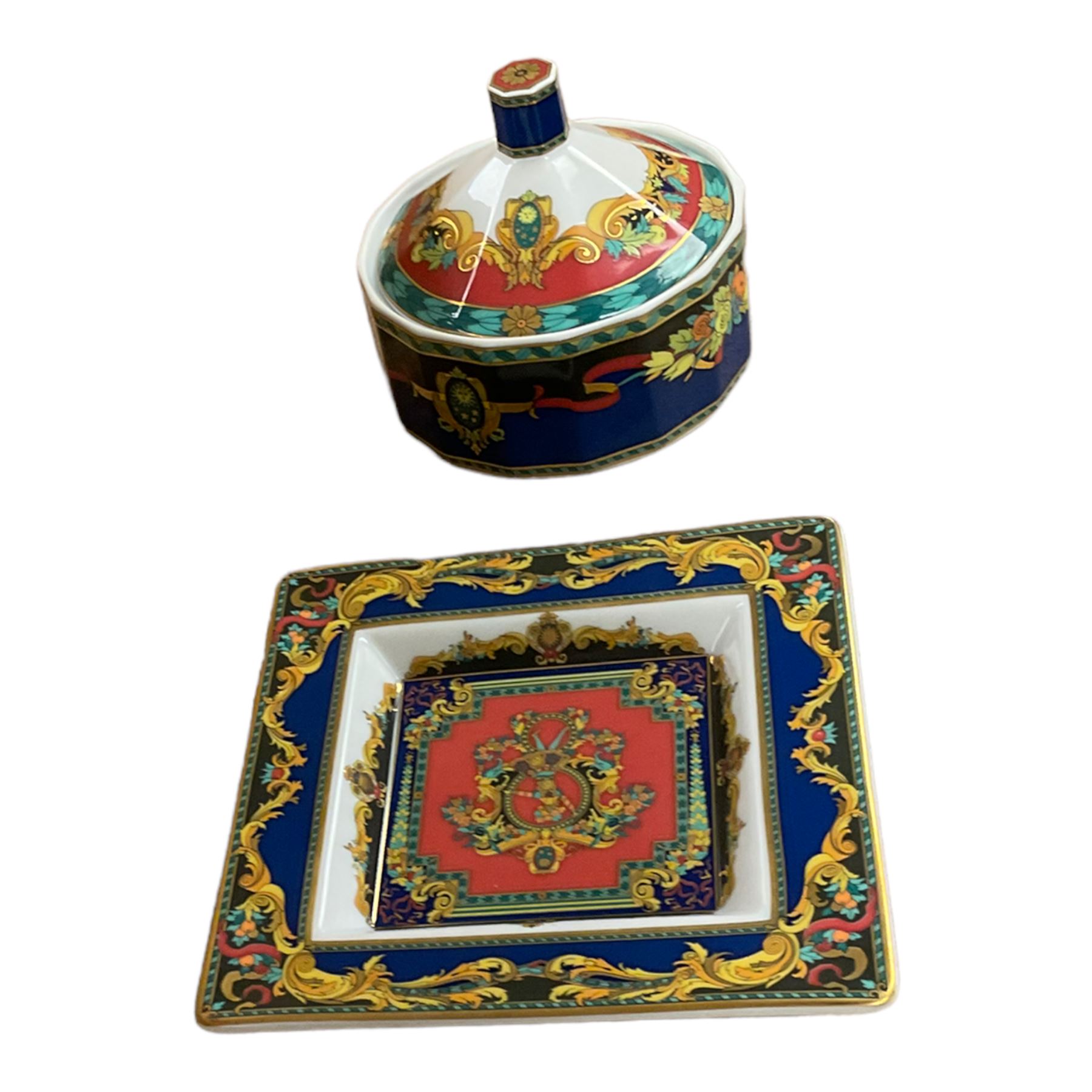 Rosenthal Versace Le Roi Soleil covered dish and trinket dish, largest H10cm