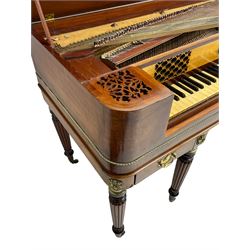 James Rigg, London -early 19th century mahogany and maple square piano c1817, with a 68 key compass (A-C) original hammers, jacks and felt, satinwood interior with ebony and ivory keys, the fretwork interior back inscribed 'James Rigg, 3 Providence Row, Finsbury Square, London', decorated with twist gilt metal edging, fitted with three drawers, on Gillows design turned and reeded supports with brass cups and castors.

This item has been registered for sale under Section 10 of the APHA Ivory Act