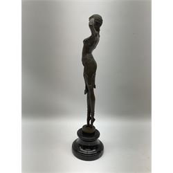 Art Deco style bronze figure of a dancer, after 'Berrard', raised upon a circular base, with foundry mark, H49cm