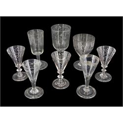 Two 19th century glass rummers, one example with ogee bowl engraved with ribbon tied swag and stars, H12cm, together with six 18th/19th century drinking glasses, including a set of three, the funnel and bucket bowls engraved with foliate bands, upon plain or knopped stems and folded feet, tallest H13.5cm