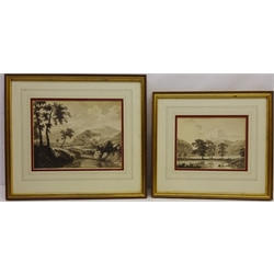  Derwent Water from North West, two early 19th century monochrome watercolours unsigned one titled verso 'London Bridge', pen and ink signed and dated (19) '83 by T Leng and Harvest Scene, print after Edmund Blampied max 19cm x 24cm (4)  
