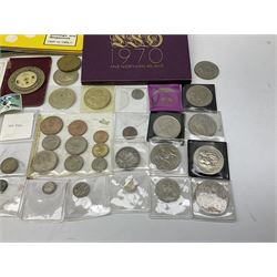 Mostly Great British coins including Queen Victoria 1887 halfcrown, small number of pre 1947 silver coins, Queen Elizabeth II 1977 silver proof crown, cased without certificate, two 1981 silver proof crowns, both cased one with certificate, various proof coin sets etc and various stamps including first day covers, small number of Queen Elizabeth II mint decimal stamps etc