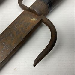  British Private Purchase fighting knife by William Rodgers, Sheffield, the 15cm double edge steel blade with raised medial ridge, stamped on one side of the ricasso WILLIAM RODGERS I CUT MY WAY, the opposing side marked MADE IN SHEFFIELD, ENGLAND, with aluminium crossguard and pommel, stacked leather washers grip and leather scabbard L27.5cm overall; and a crudely made short sword with 32.5cm single edged blade and steel knucklebow hilt with hardwood grip; in cane bound wooden scabbard L45cm overall (2)