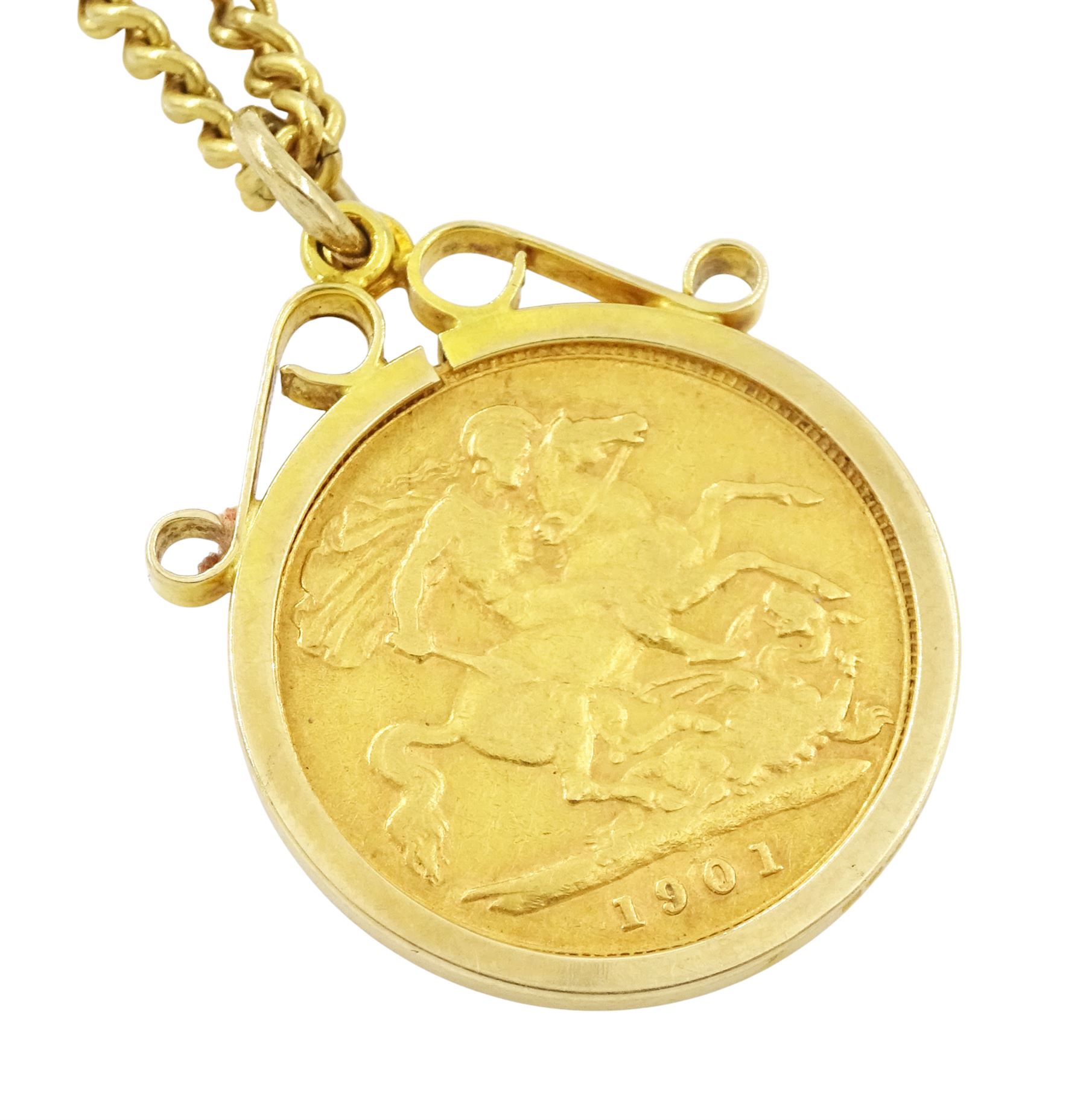 Queen Victoria 1901 gold half sovereign coin, loose mounted in 9ct gold pendant mount,hallmarked, on gilt chain