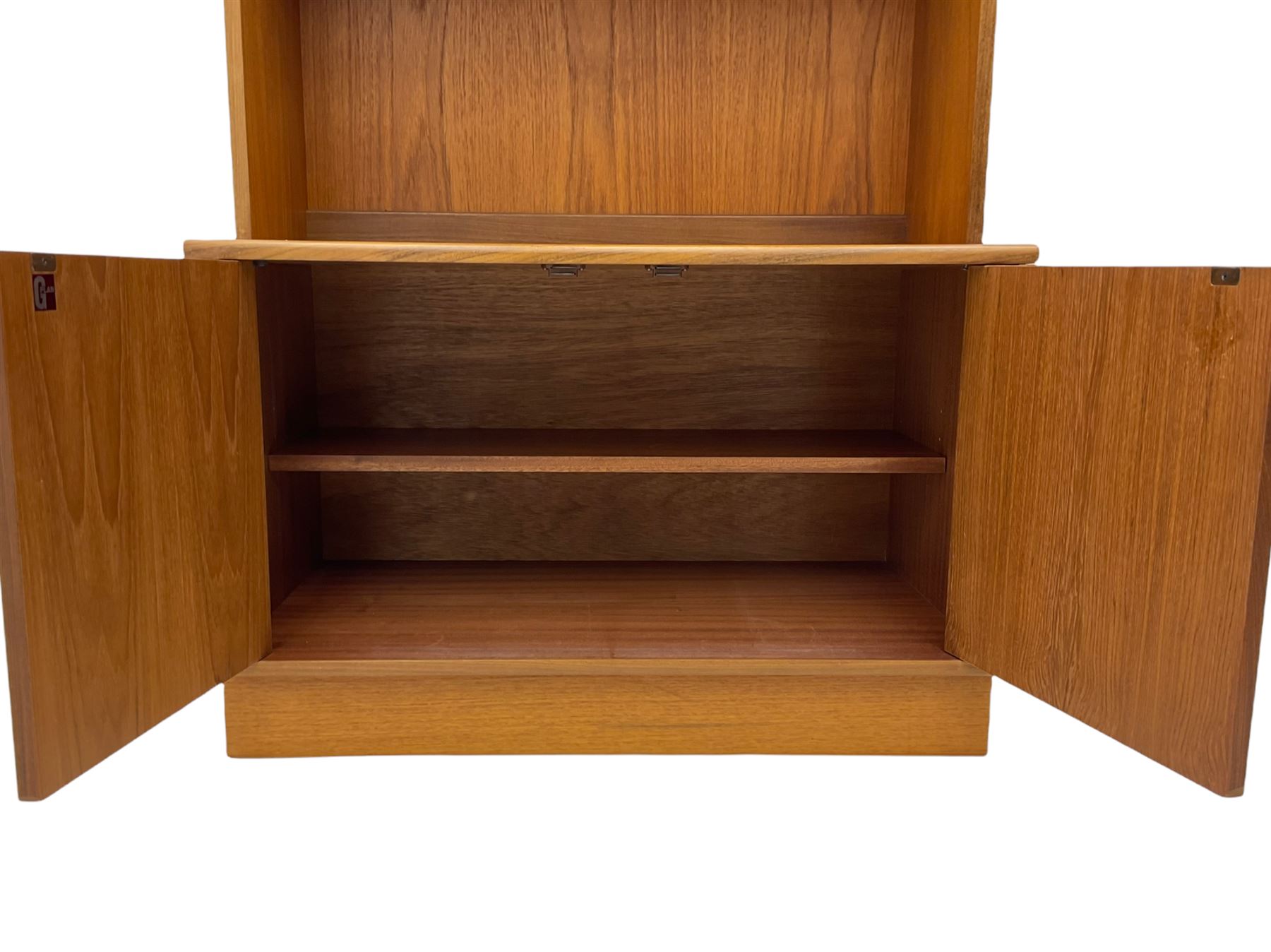 G-Plan teak two sectional modular wall display cabinet, fitted with sliding glass doors, double cupboard and three drawers