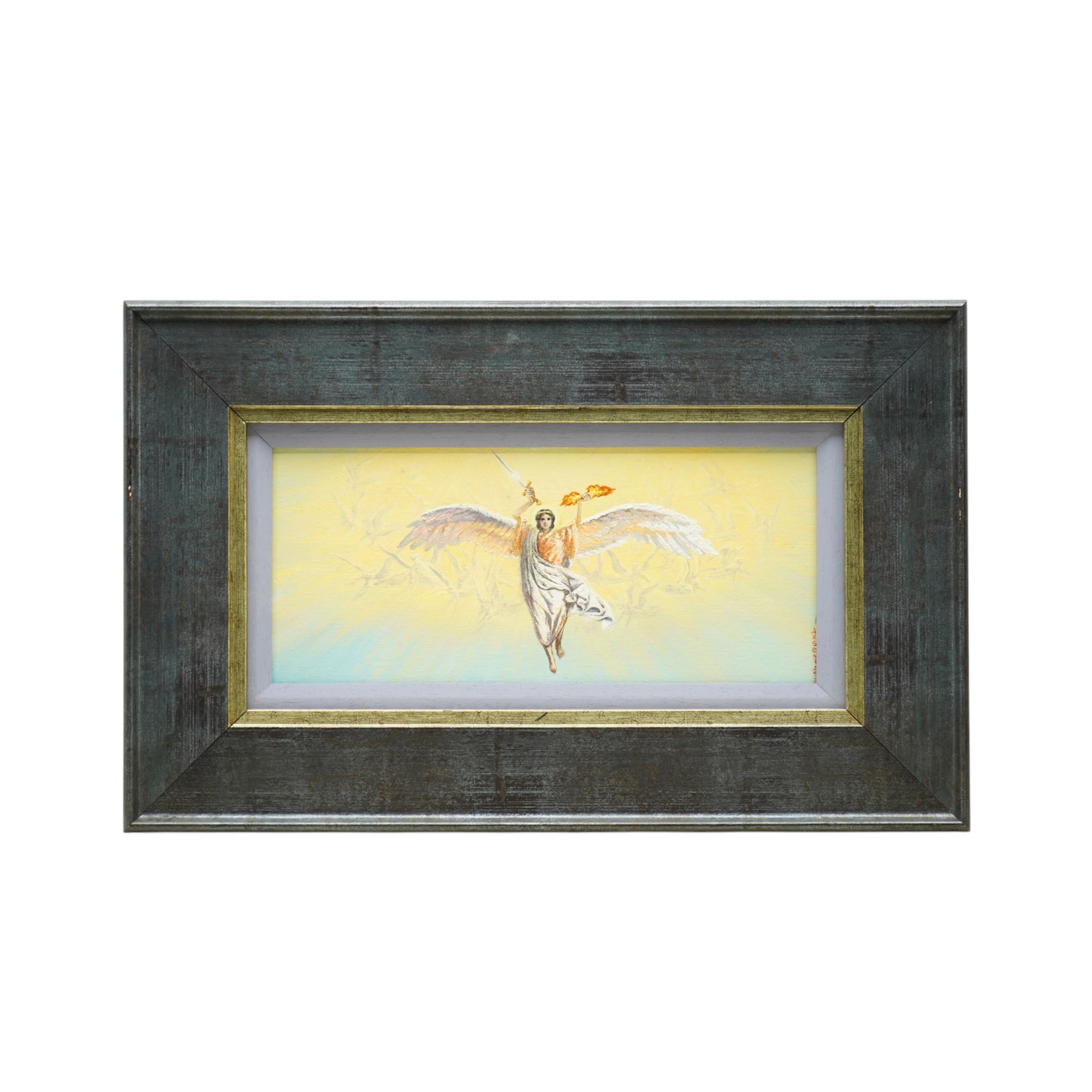 Victor Arseni (Moldovan 1969-): The Four Archangels - Michael Gabriel Raphael and Uriel, set four oils on board signed and inscribed verso 13cm x 29cm (4)
