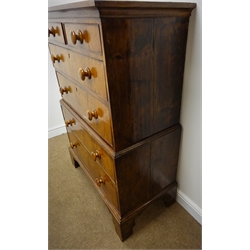 19th century mahogany and rosewood chest on chest, two short and four long drawers with turned handles, shaped bracket supports, W96cm, H133cm, D50cm  