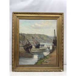 Fred A Simmonds (Derby exh.1892-1936): 'Low Water in the Harbour - Whitby', oil on canvas signed, titled on various original labels verso 76cm x 63cm
