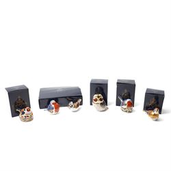 Six Royal Crown Derby paperweights, comprising Robin (unboxed), Robin nesting with gold st...