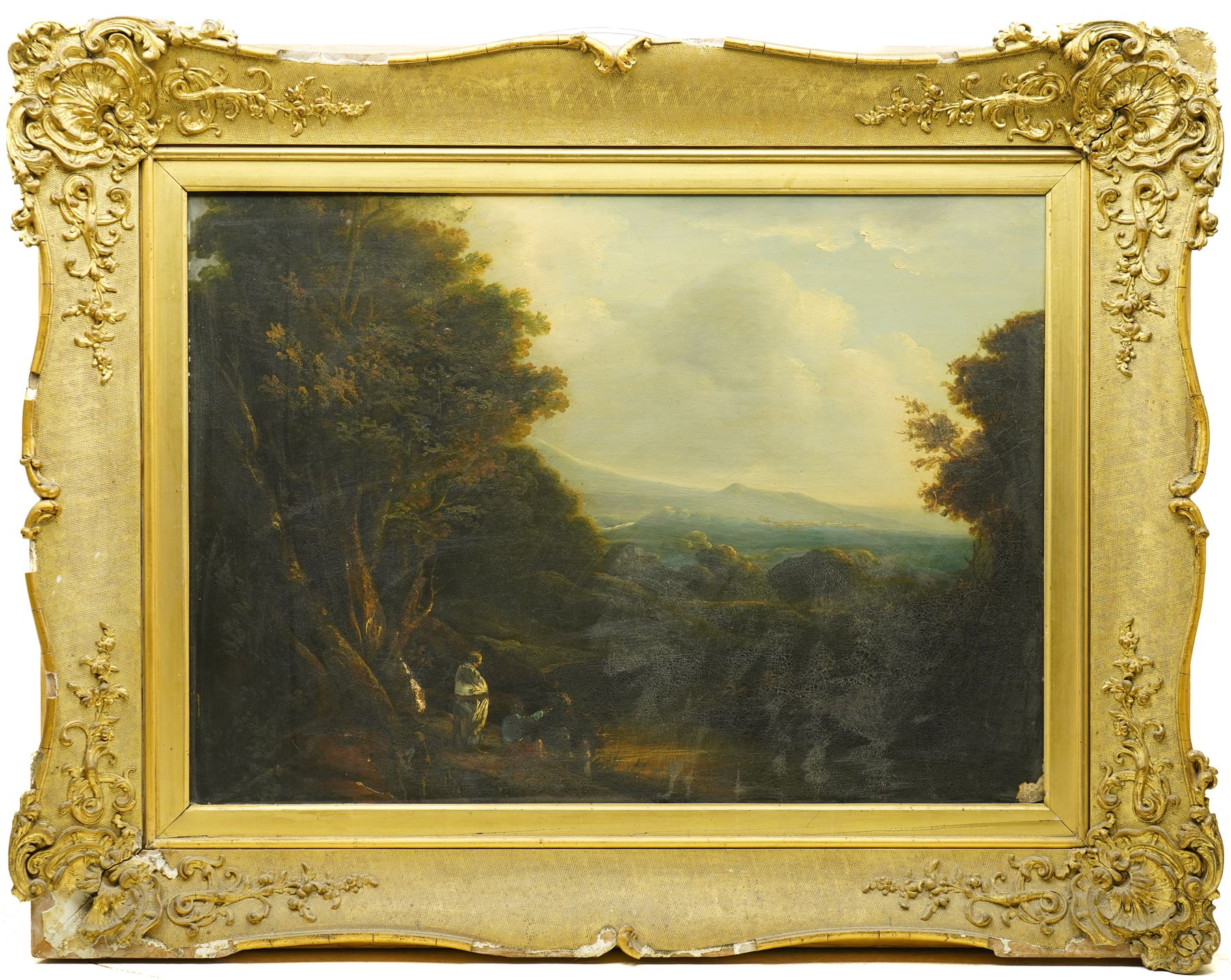English School (19th Century): Travellers looking towards a Mountain, oil on canvas unsigned, in swept gilt frame 53cm x 74cm
