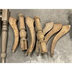 Set of four turned mahogany supports with brass cups and castors (H51cm); collection of splayed supports and turned supports; pine table and and two supports; and fifteen turned pine staircase spindles (H84cm) - THIS LOT IS TO BE COLLECTED BY APPOINTMENT FROM THE OLD BUFFER DEPOT, MELBOURNE PLACE, SOWERBY, THIRSK, YO7 1QY