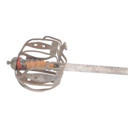 18th century Scottish basket hilt sword, with L82cm double edged blade, the basket hilt with pierced with heart motifs and wood grip, within leather scabbard, overall L96cm 