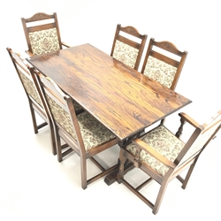 Old Charm - refectory style rectangular oak dining table, shaped and pierced end supports joined by stretcher on sledge feet (W153cm, H76cm, D82cm) and set six (4+2) oak framed dining chairs, carved and shaped cresting rail, upholstered splat and seat, baluster supports (W58cm)