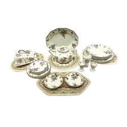 Royal Doulton part dinner service in Old Leeds Sprays pattern,  to include cheese dome, teapot and stand, egg cups etc, together with a selection of floral doilies.  