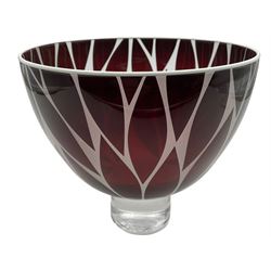 Gillies Jones of Rosedale glass bowl decorated with red leaves with white rim,  upon a short clear tapering foot, signed to base, H14cm D14.5cm