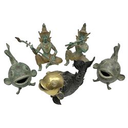 Pair of brass fish, together with another similar and two Thai deities