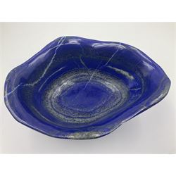 Carved bowl, flat-bottomed bowl carved from a single piece of Lapis lazuli with flared rim, H8cm, L21cm