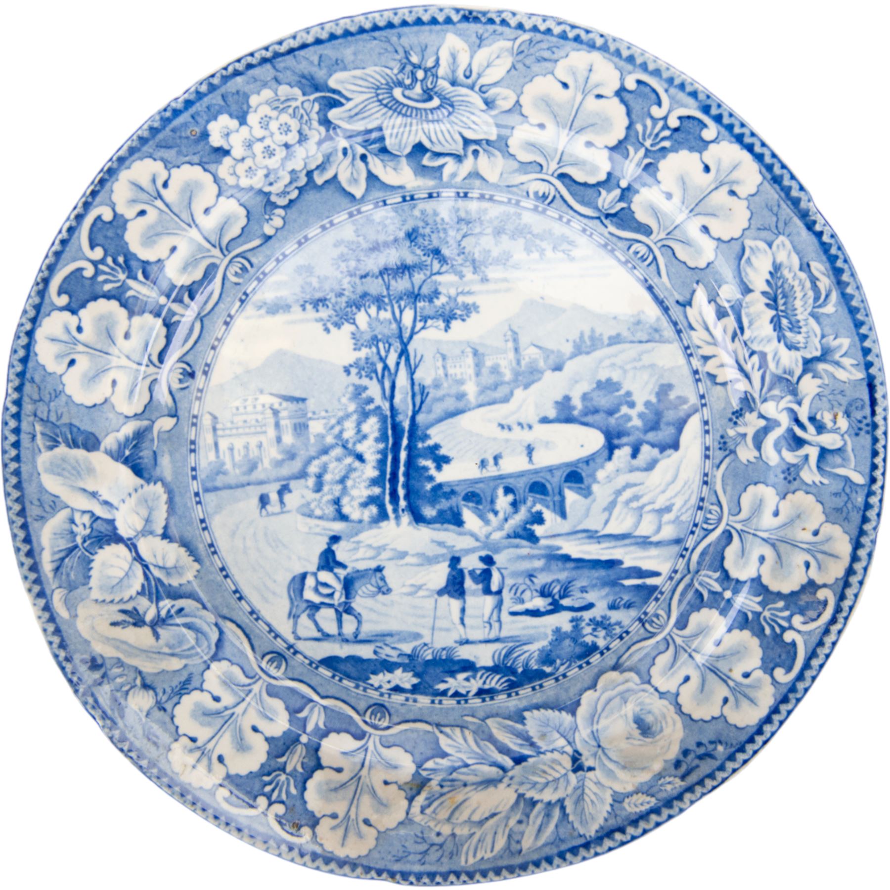 Eight 19th century transfer printed Italian Scenery pattern dinner plates, attributed to Leeds Pottery, with printed Italian Scenery mark beneath, D26cm