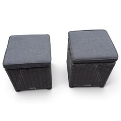 Kettler - Palma rattan garden lounge suite, comprising modular corner sofa (DIM) with slatted and rattan garden table on end supports (DIM), and three stools (DIM), with loose seat cushions