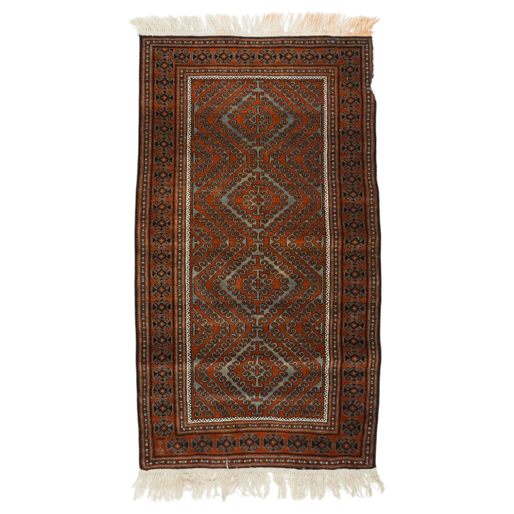 Afghan Turkmen Ersari hand-knotted rug, warm brown field decorated with a vertical arrangement of the elongated geometric guls formed by ram's horn hook motifs, enclosed by narrow ivory guard stripes, and a broad main border, with cotton fringe ends 