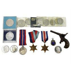 WW2 group of three medals comprising 1939-1945 War Medal, France & Germany Star and 1939-1945 Star; all with ribbons; 1930s Hull Savings Bank silver and enamel presentation fob; three medallions depicting Hitler, Mussolini and Mao Tse Tung; quantity of modern crowns and other coins; and a 6mm Flobert style starting pistol