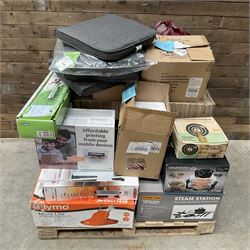 Collection of boxed items including a Flymo Micro Lite lawn mower, HP printer, Daewoo Halogen Air Fryer, an oil filled radiator etc