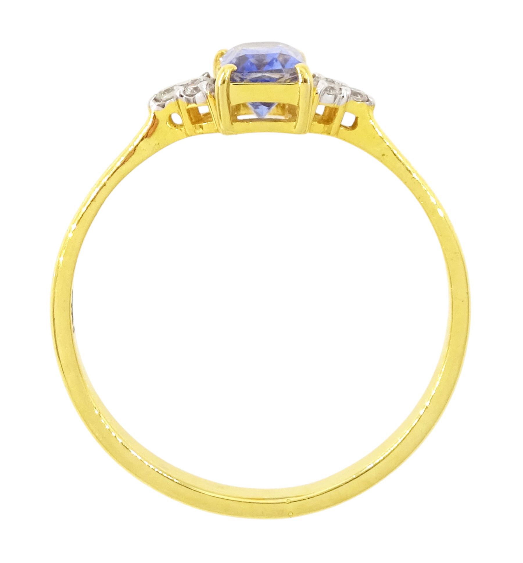 14ct gold Ceylon sapphire and diamond ring, single radiant cut sapphire of approx 0.75 carat, with three round brilliant cut diamonds set either side, stamped
