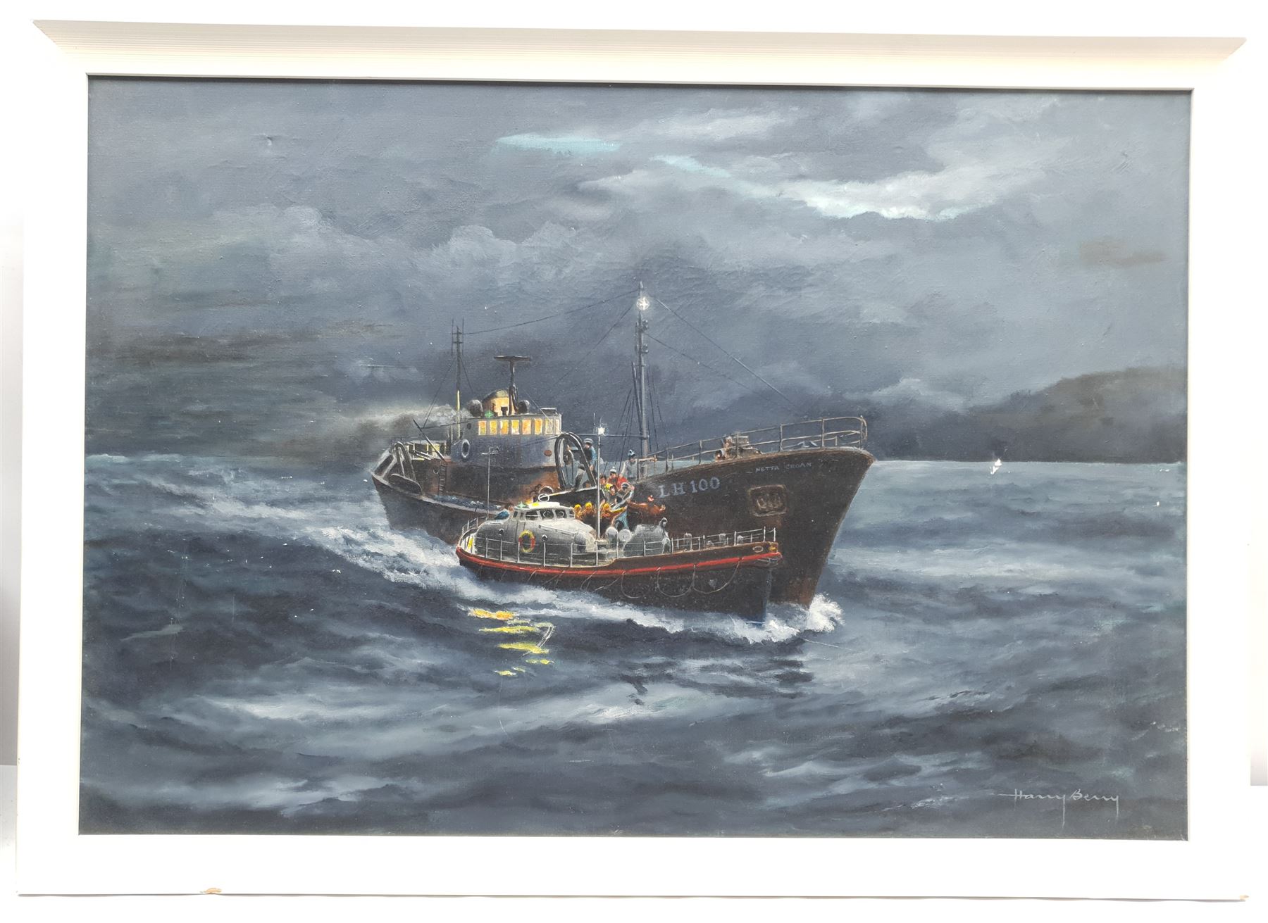 Harry Berry (British 1905-1994): Leith Trawler 'Netta Croan' Aided by the Aberdeen Lifeboat, oil on canvas signed, dated 1974 verso 55cm x 80cm, together with a photograph of the Endeavour returning to Whitby 39cm x 39cm (2)
