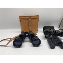 Pair of British World War Two issue black-painted binoculars, Bino 7x50 No. 5, 6E/320, No. 87412, MoD.B/42, with case, together with Nipole 10 x 50 binoculars and two other pairs