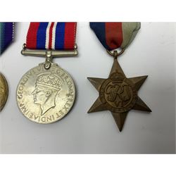 WW1 British War Medal awarded to 28885 Pte. A. Hey R. War. R.; WWI Victory Medal awarded to 7633 Pte. E. Edwards L'Pool R.; two WWII medals; Royal Navy Temperance Society Medal; Services Rendered badge No.B55177; and Home Guard lapel badge
