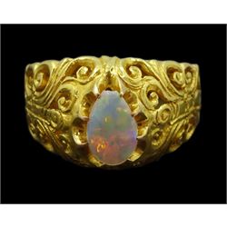 20ct gold single stone pear shaped opal ring, with pierced design shoulders