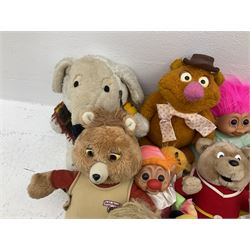 Quantity of stuffed toys and dolls to include Teddy Ruxpin, Cabbage Patch, Troll doll, and a quantity of plastic toys including Sylvanian Families Country School etc, in two boxes