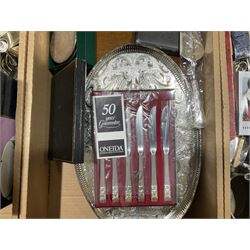Quantity of metalware to include two hallmarked silver napkin rings (31g), silver plated cutlery sets including a Mappin and Webb example, silver plated oval serving tray with foliate design, candlesticks and other metalware etc, three boxes 