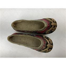 French silver plated wine taster of typical form, stamped, together with a silver plated napkin ring, and an 'Alpaca Silver' pill box with mother of pearl detailed cover, (3) together with Two pairs of late 19th/early 20th century Chinese Lotus shoes for binding feet, the first with purple silk heavily embroidered with ornate floral motifs, L10cm the second larger fuschia and black pair with thicker sole embroidered with flowers, L14cm