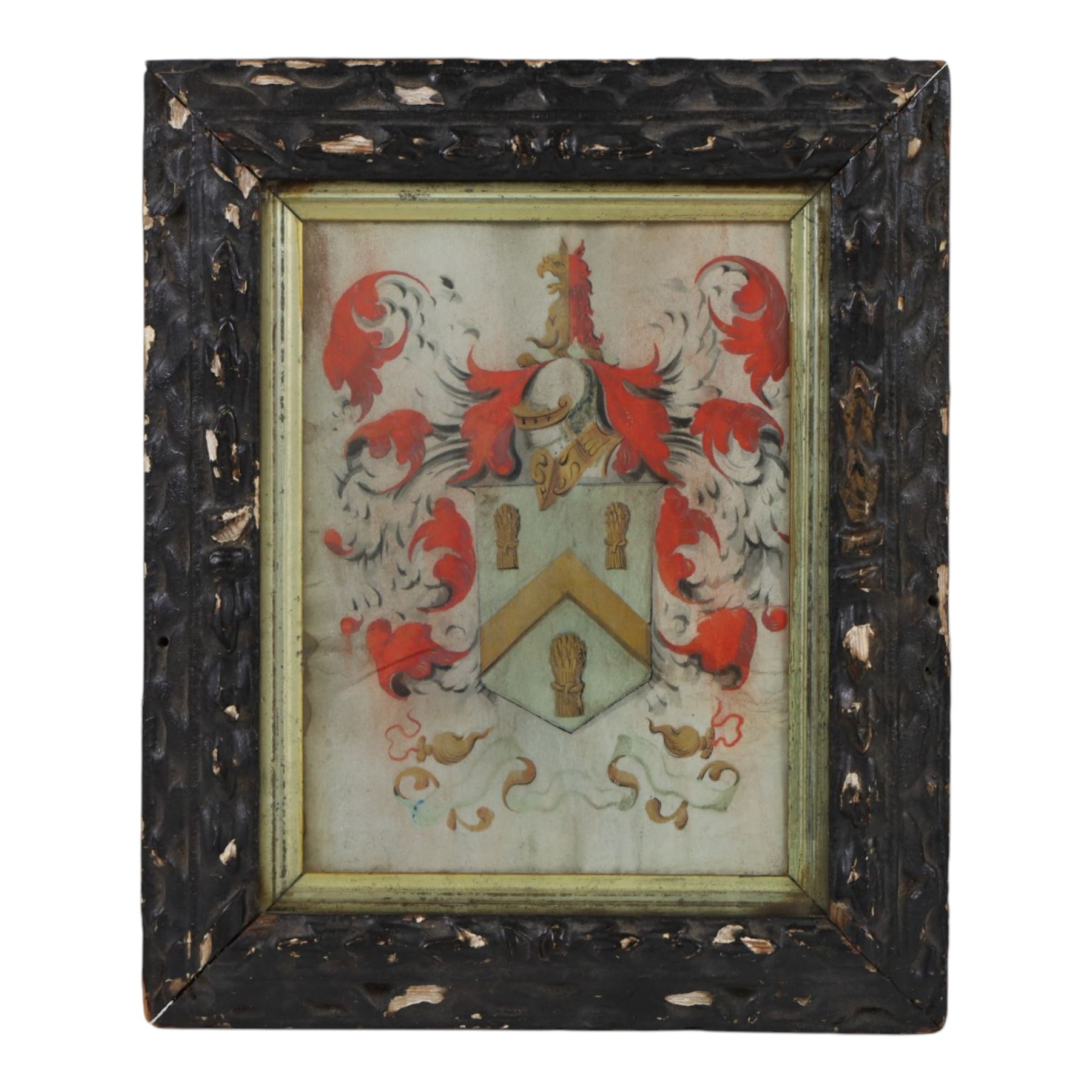 Late 18th/early 19th century watercolour on vellum depicting a coat of arms with three wheat sheaves and central chevron, surmounted by a helmet with and demi lion crest and surrounded by elaborate mantling, within later painted wooden frame, overall 32cm x 26.5cm