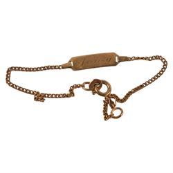 18ct gold identity bracelet and an 18ct gold ring, both stamped 750, together with a 14ct gold wedding band, stamped 585