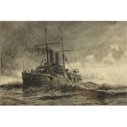  William Lionel Wyllie RA (British 1851-1931): 'HMS Blenheim' at Sea, monochrome watercolour signed 23cm x 33cm   Provenance: from the exors. of a North Yorkshire single owner collection of Maritime oils and watercolours. HMS Blenheim was a Blake-class first class protected cruiser that served in the Royal Navy from 18901926. She was built by Thames Ironworks & Shipbuilding Company at Leamouth, London.      