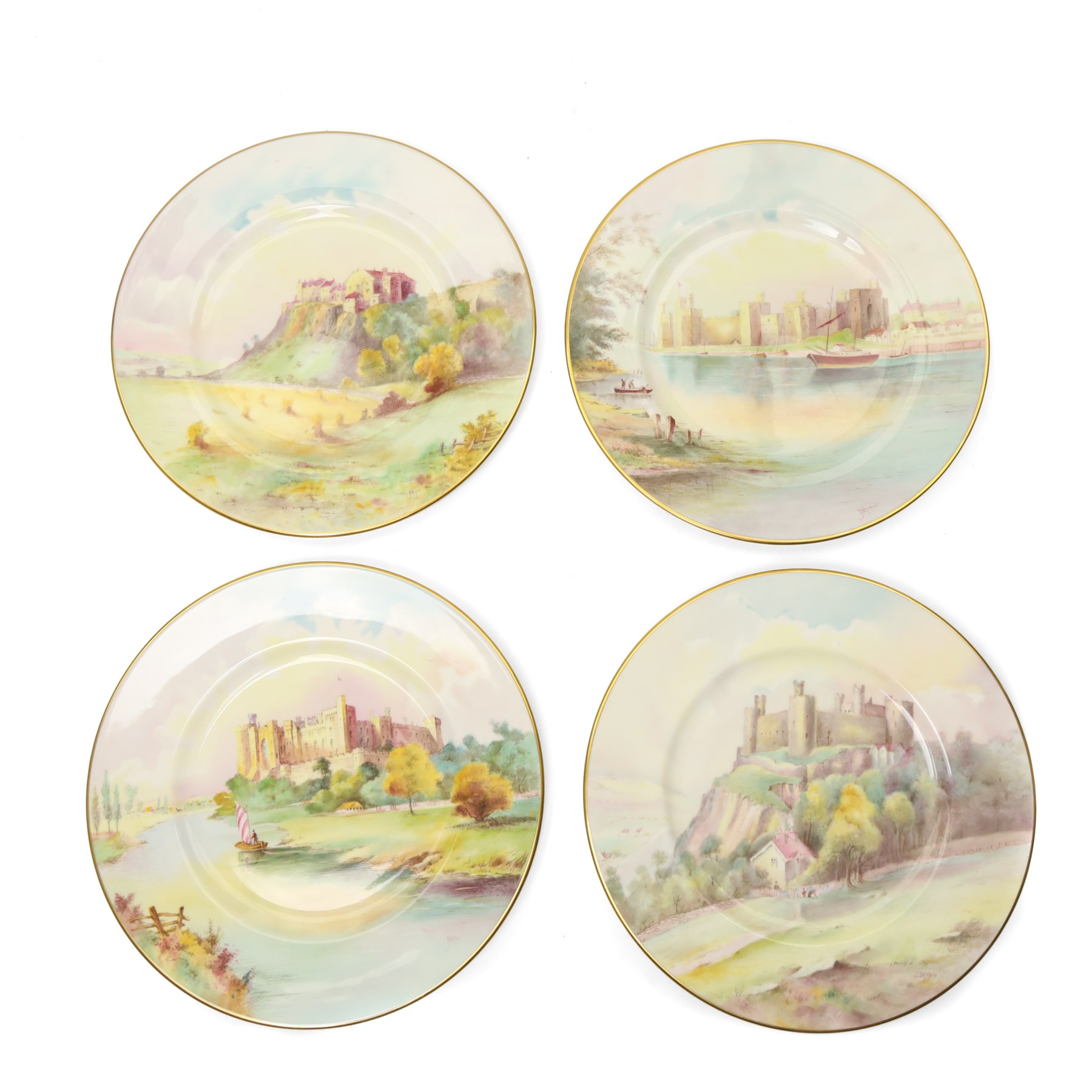Four Minton hand painted castle plates by J Shaw, depicting 'Harlech Castle - Merionethshire' 'Stirling Castle - Sterlingshire' 'Caernarvon Castle - Caernarvonshire' and 'Arundel Castle - Sussex', with printed marks to base, D27cm (4)