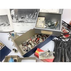 Fifty modern lead figures of mounted and foot soldiers, various period uniforms from 18th century to WW2, painted and unfinished with related paperwork; small quantity of Hornby '00' gauge model railway items and track; and four boxed Subbuteo teams etc